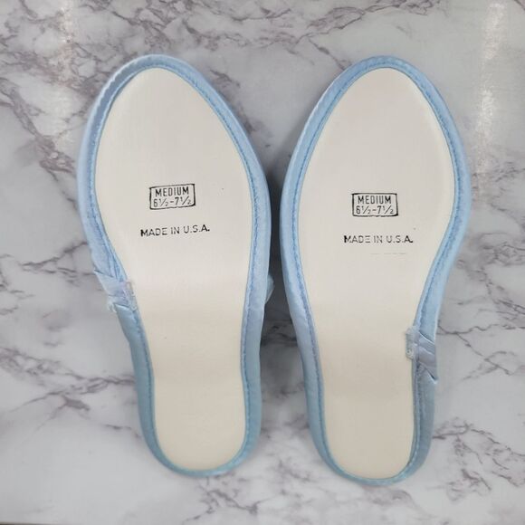 Vintage Blue Satin and Lace Women's House Slippers 60s Peep Toe - Picture 6 of 12